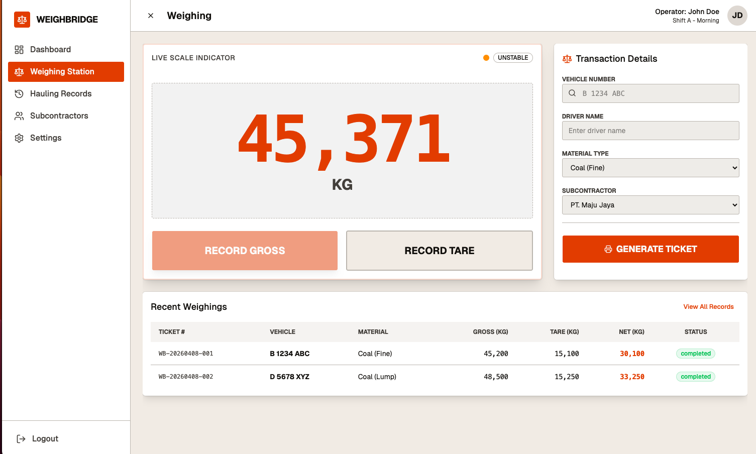 Dashboard Hauling Management Layana
