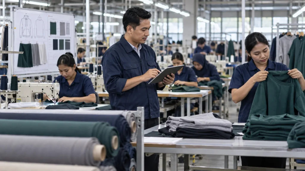 Tim pabrik memantau pesanan melalui ERP produksi garmen