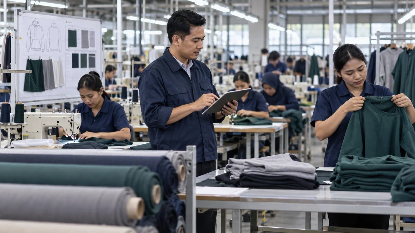 Tim pabrik memantau pesanan melalui ERP produksi garmen