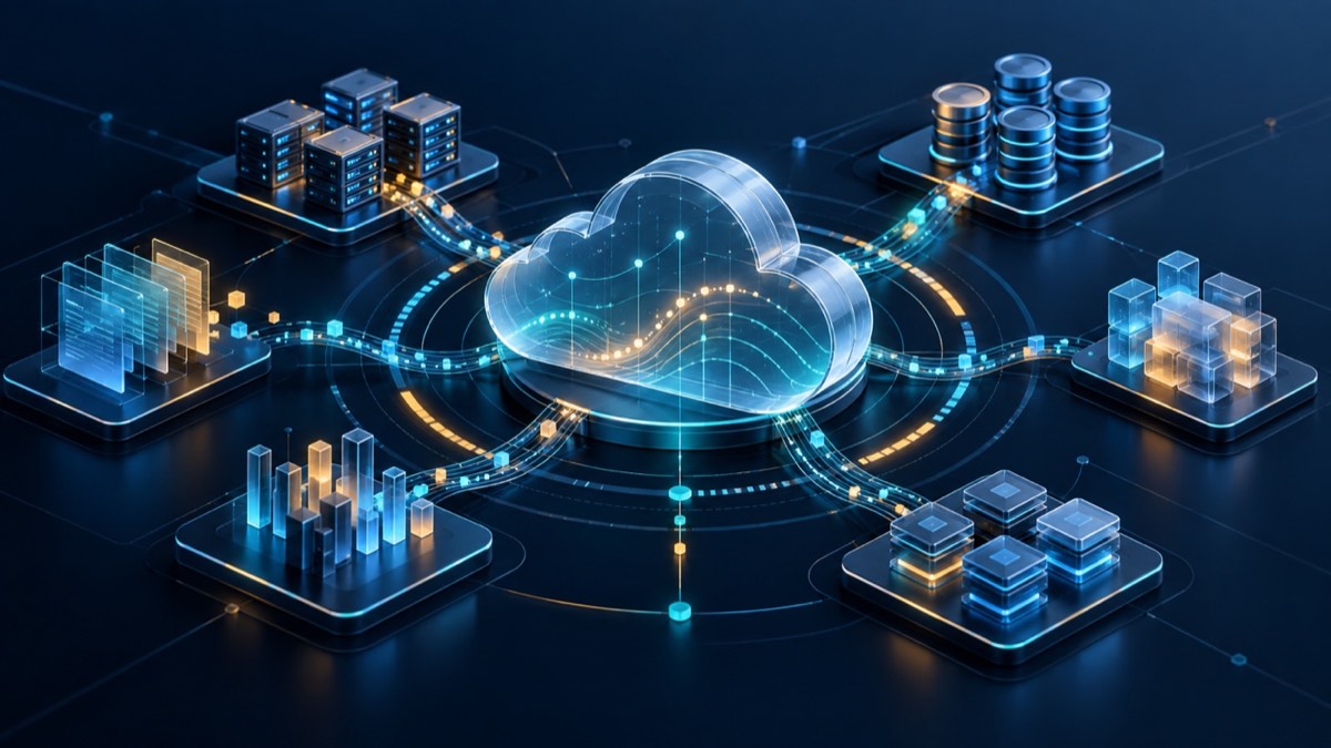 Ilustrasi konseptual FinOps cloud enterprise dengan alokasi layanan, data, dan infrastruktur