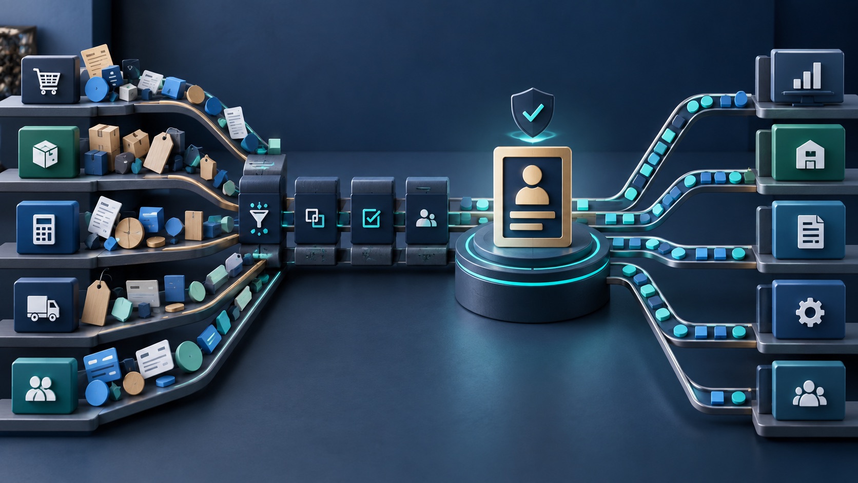 Ilustrasi Master Data Management ERP yang menyatukan data menjadi golden record terpercaya