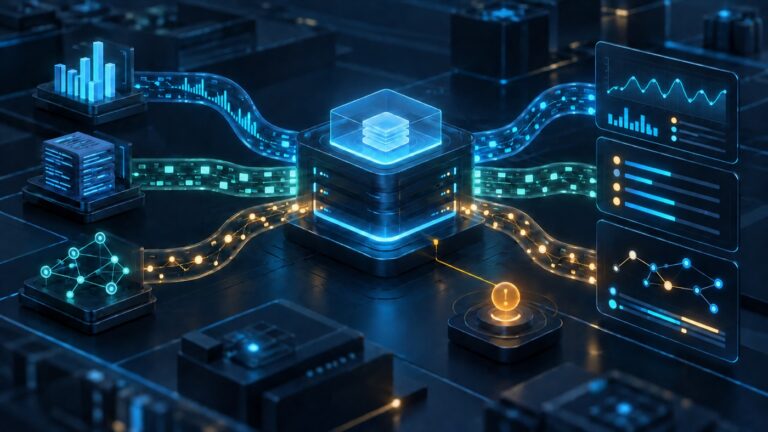 Ilustrasi observability aplikasi enterprise dengan aliran metrics, logs, dan traces