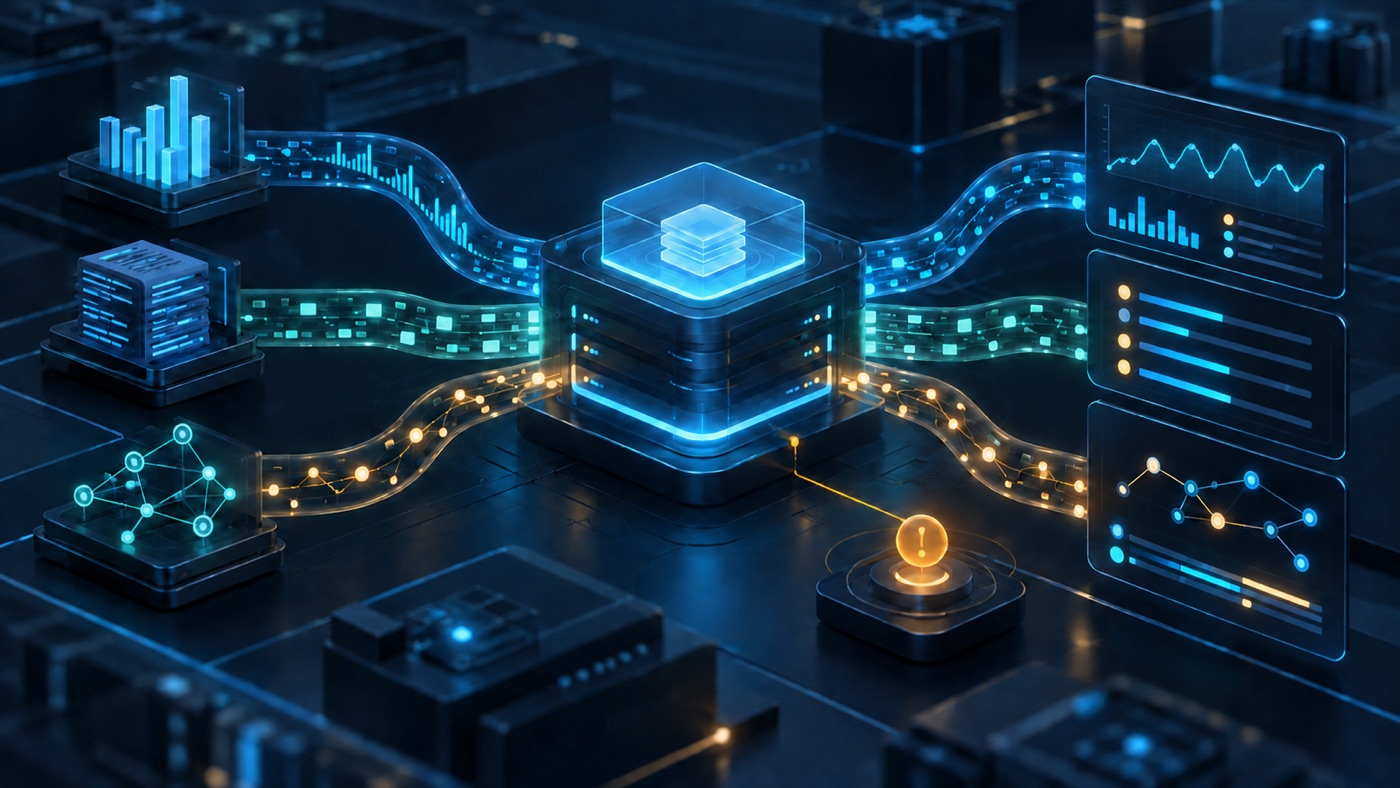 Ilustrasi observability aplikasi enterprise dengan aliran metrics, logs, dan traces