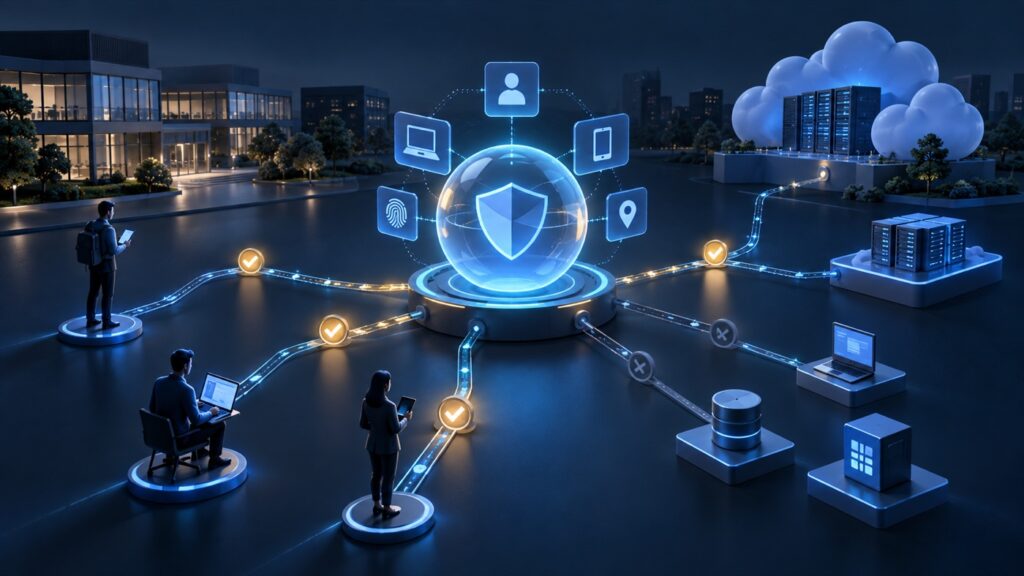 Ilustrasi arsitektur Zero Trust yang memverifikasi identitas, perangkat, aplikasi, dan data perusahaan