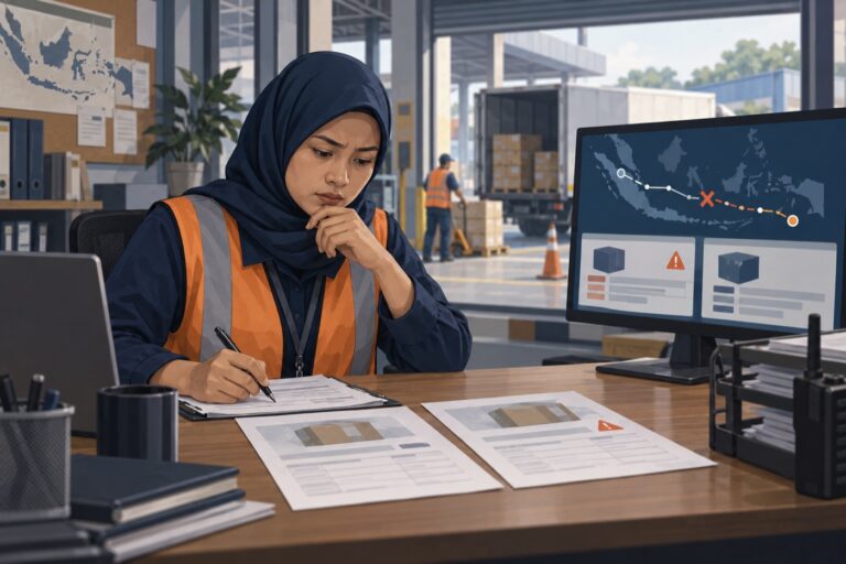 Ilustrasi koordinator logistik menelaah pengiriman tertunda dengan peta rute dan berkas gudang
