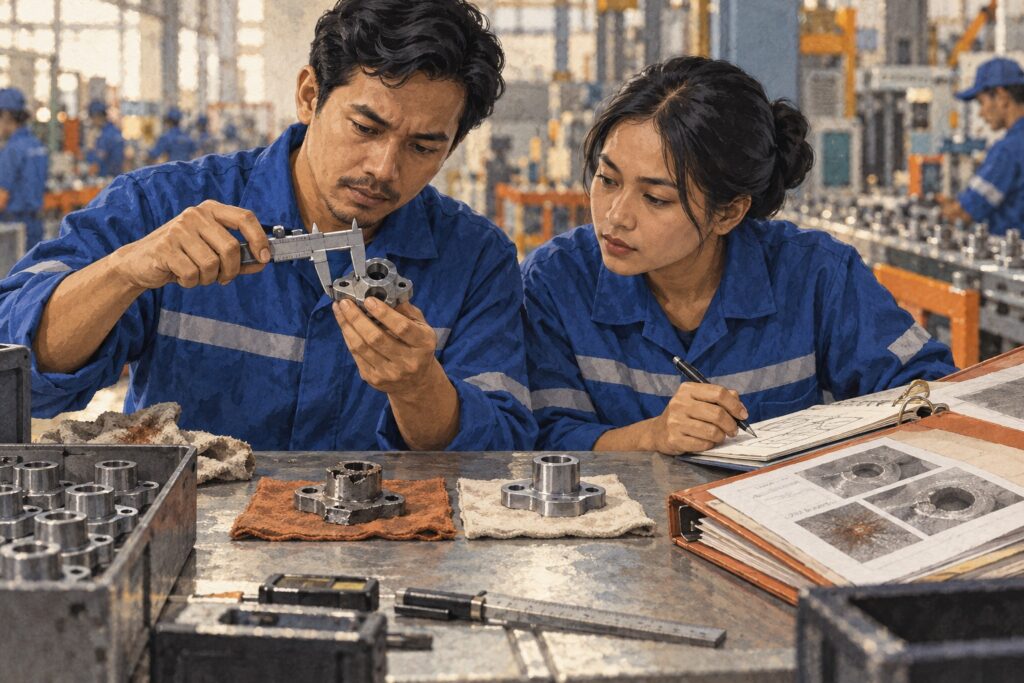 Ilustrasi tim quality memeriksa sampel produk dan dokumen investigasi keluhan