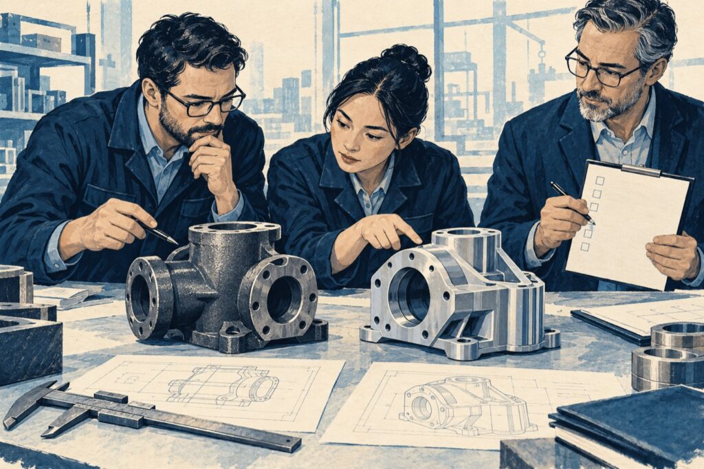 Ilustrasi konseptual engineering membandingkan komponen alternatif dengan dokumen spesifikasi dan quality reviewer