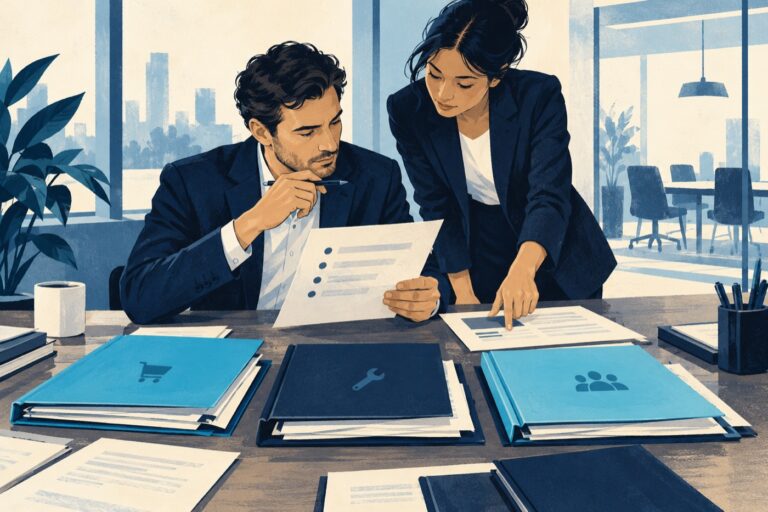 Ilustrasi konseptual pengelola akun memeriksa agenda rapat bersama dokumen pesanan dan layanan