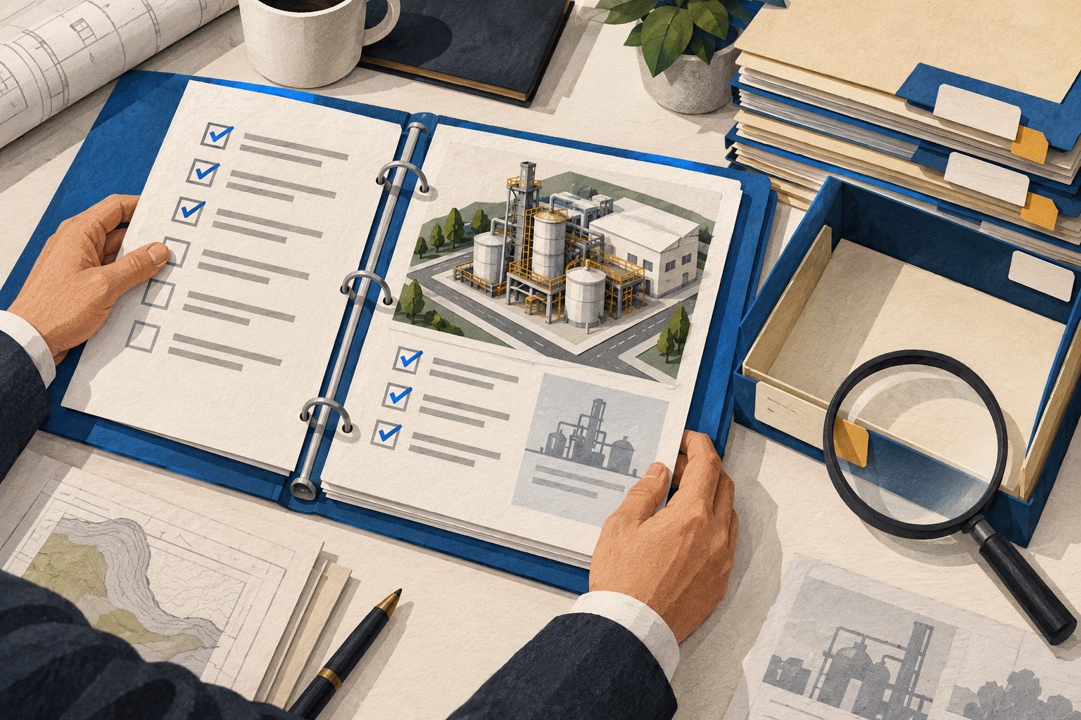 Ilustrasi konseptual review binder serah terima proyek dengan satu bukti dokumen yang belum lengkap