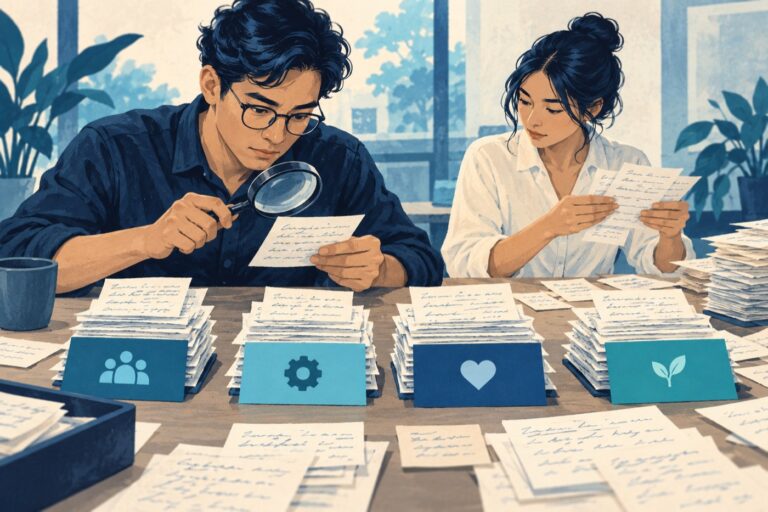 Ilustrasi konseptual analis mengelompokkan komentar survei dan reviewer memeriksa bukti sumber