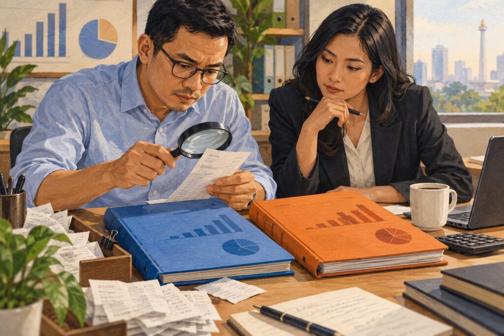 Ilustrasi dua analis finance membandingkan buku anggaran dan aktual dengan bukti transaksi