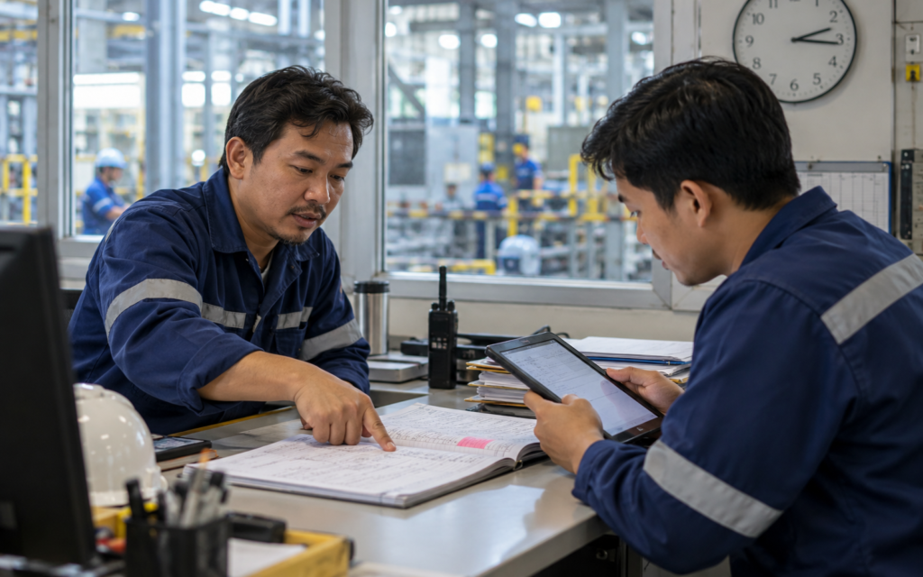 Ilustrasi AI: Supervisor pabrik menyerahkan papan log kejadian dan tablet kepada supervisor shift berikutnya di meja kontrol, mesin samar di belakang