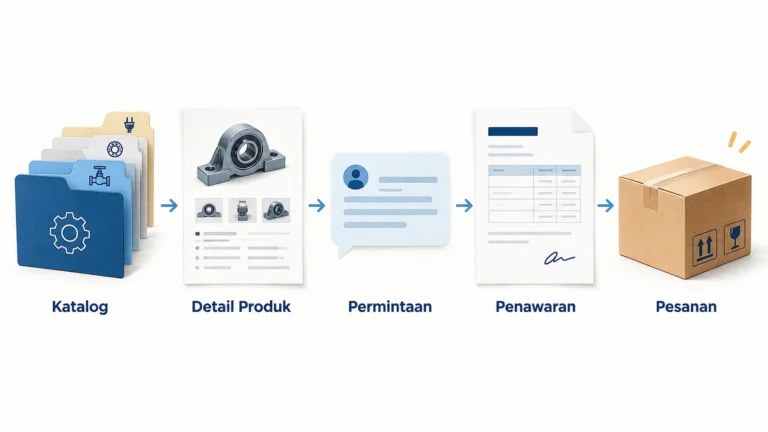 Ilustrasi alur katalog, detail produk, permintaan, penawaran, dan pesanan distributor.
