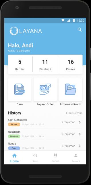 Prototipe aplikasi marketing BPR CMA dengan ringkasan dan status pengajuan kredit