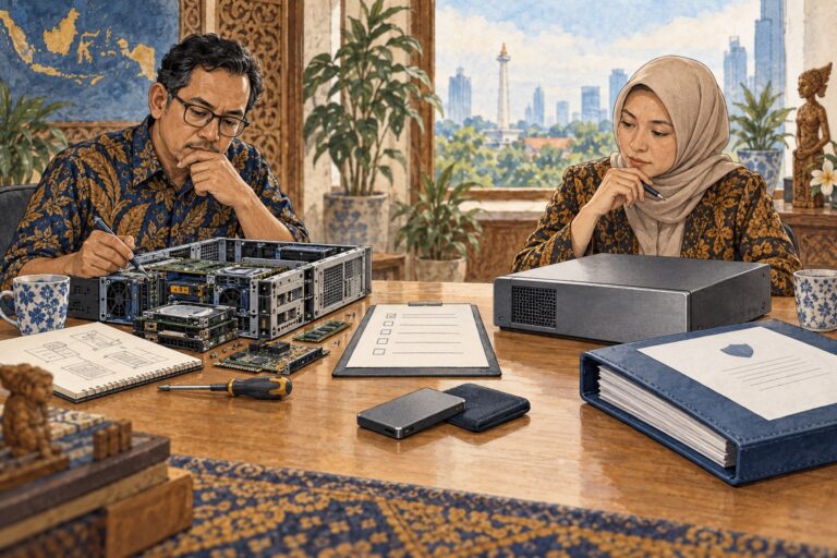 Ilustrasi tim pengadaan menilai dua pendekatan sistem dan berkas kontrak
