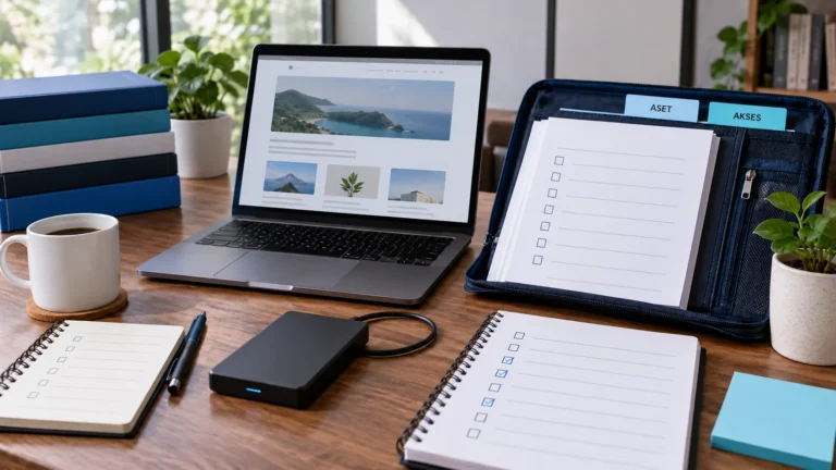 Ilustrasi inventaris aset, akses CMS, dokumen, dan backup saat serah terima website.