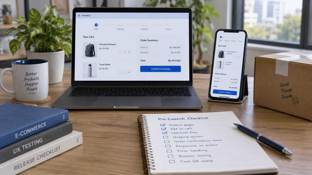 Ilustrasi pengujian keranjang dan checkout e-commerce pada laptop dan ponsel dalam mode sandbox.