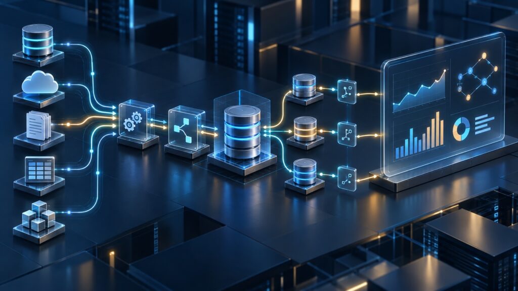 Visual alur data lineage enterprise dari berbagai sumber melalui transformasi hingga dashboard