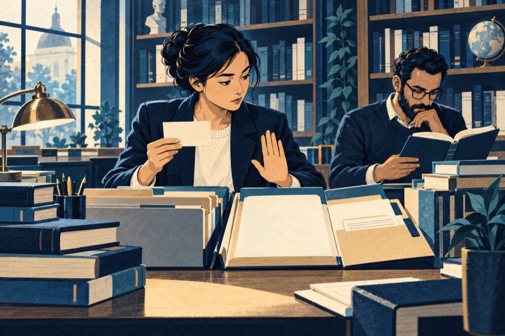 Ilustrasi konseptual analis knowledge base menahan jawaban sambil memeriksa kecukupan dokumen sumber