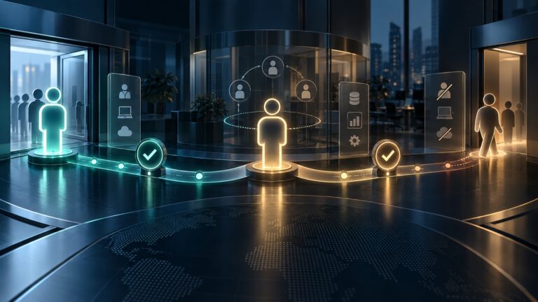 Ilustrasi alur identity lifecycle management enterprise dari onboarding, perpindahan peran, hingga offboarding