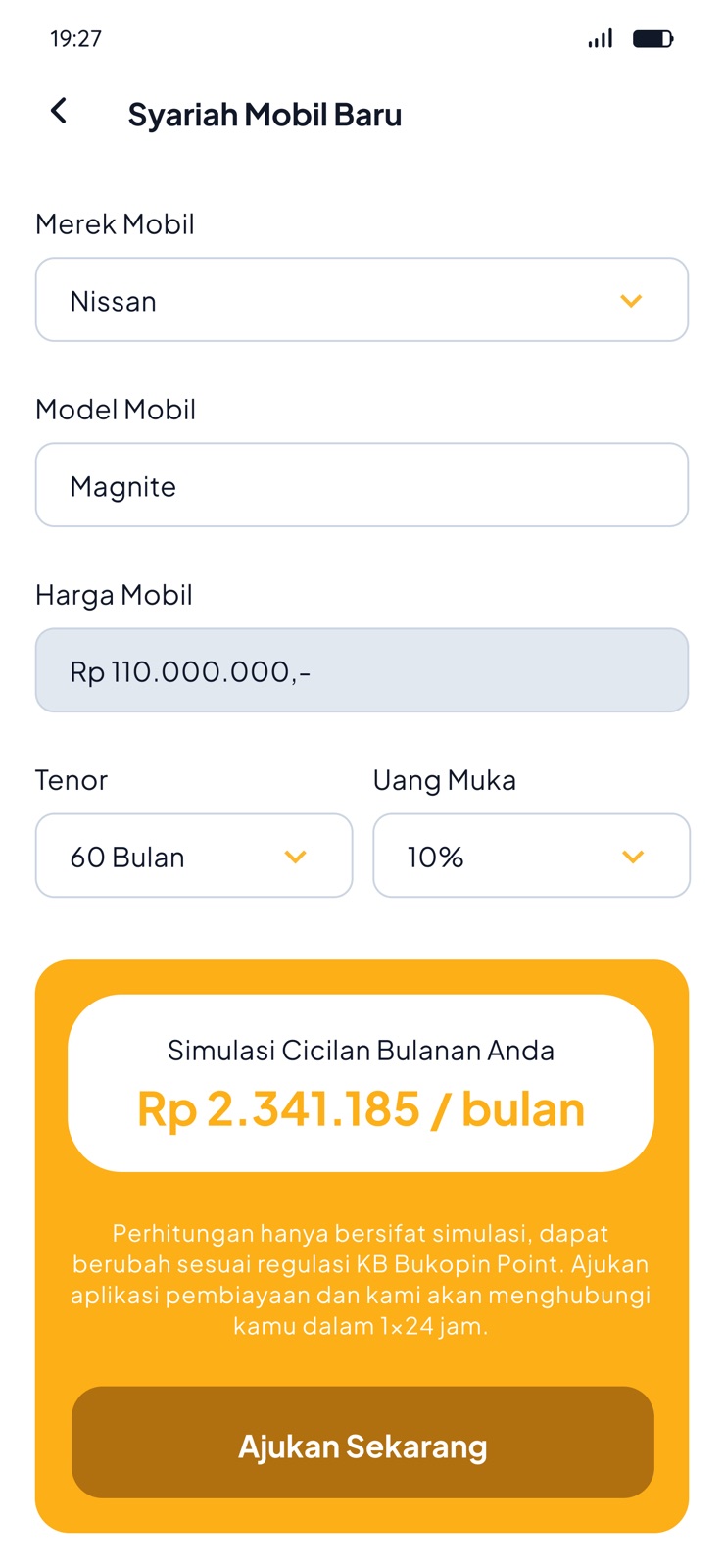 Desain aplikasi KB Bukopin Finance: formulir simulasi pembiayaan mobil