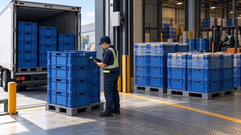 Ilustrasi konseptual petugas memindai crate biru pada pallet di area bongkar muat gudang