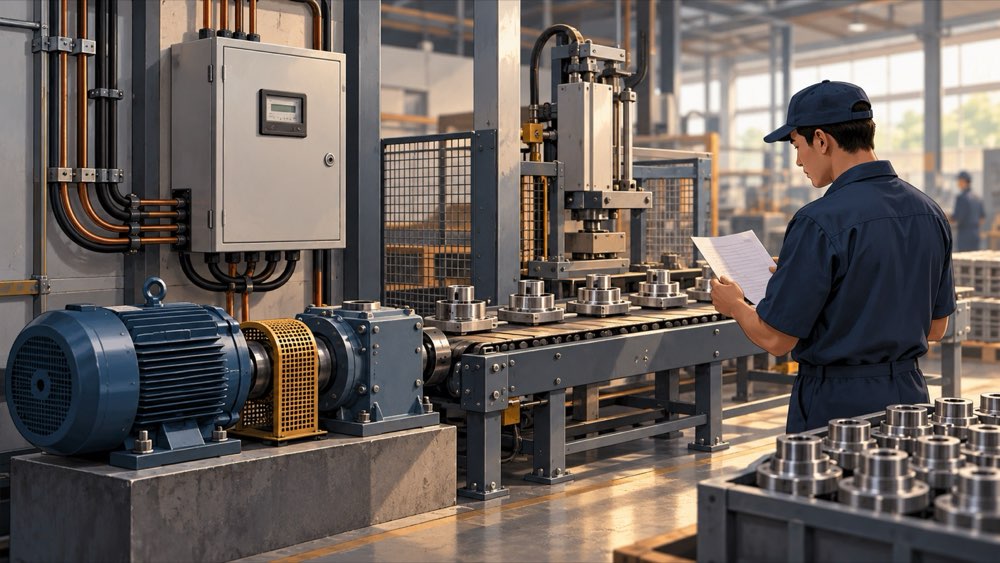 Ilustrasi konseptual petugas mencocokkan catatan produksi dengan lini conveyor, motor, dan panel meter energi