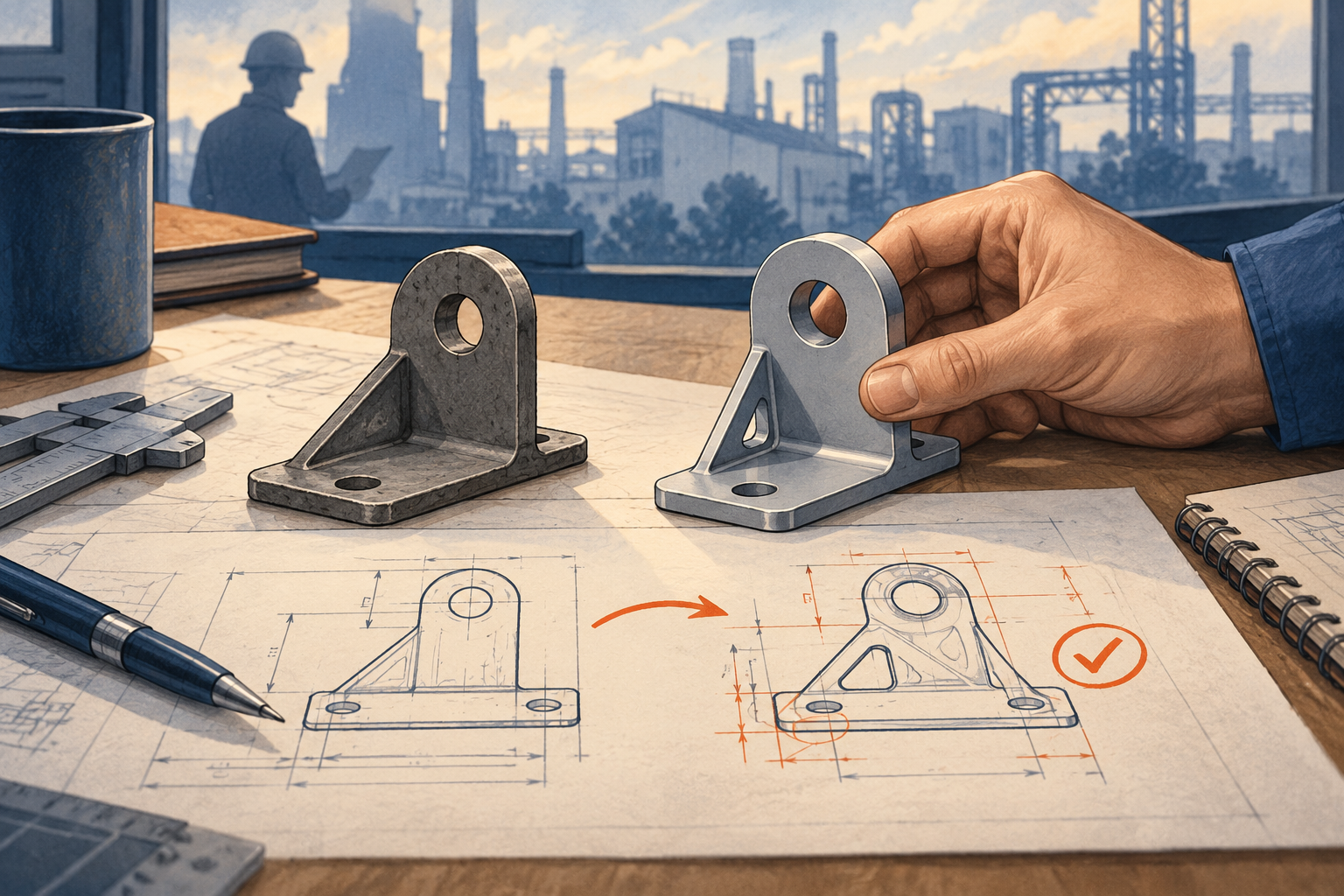 Ilustrasi dua revisi bracket industri dibandingkan dengan gambar teknik di meja engineering