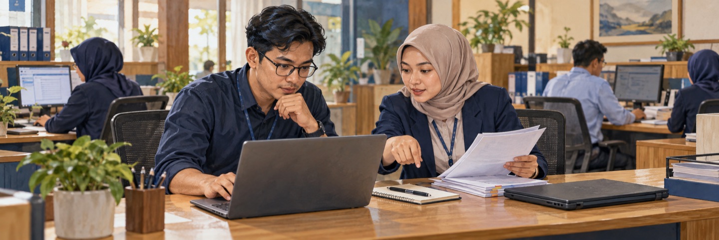 Ilustrasi pengembang dan petugas BPR menguji alur aplikasi internal
