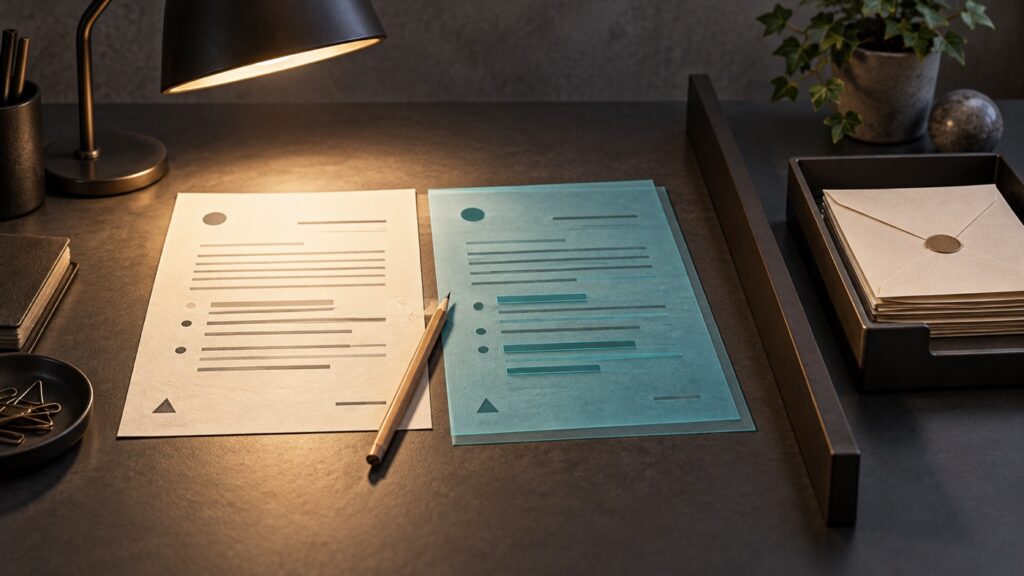 Ilustrasi konseptual evaluasi shadow mode dengan dua lembar jawaban, pensil review, lampu pemeriksaan, dan baki surat terpisah