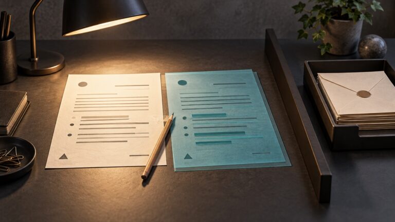 Ilustrasi konseptual evaluasi shadow mode dengan dua lembar jawaban, pensil review, lampu pemeriksaan, dan baki surat terpisah
