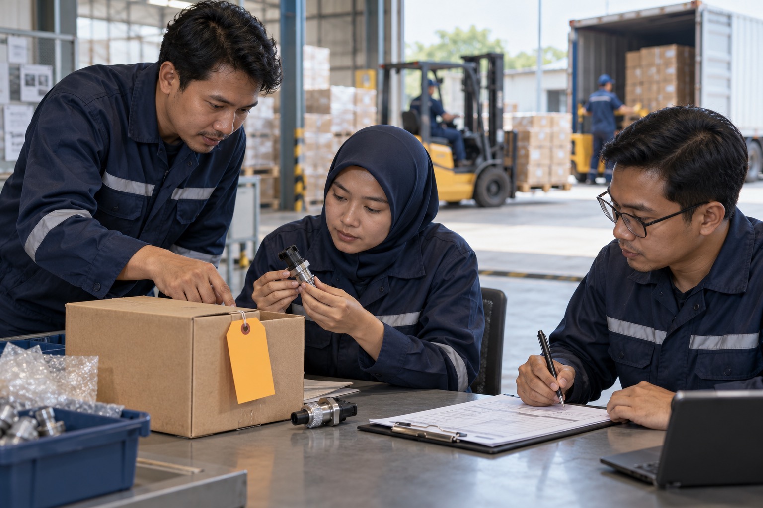 Ilustrasi tim manufaktur menguji alur quality hold dengan sampel barang, dokumen, dan sensor