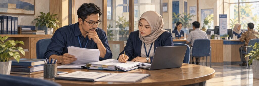 Ilustrasi manajemen BPR memeriksa dokumen tata kelola dan persiapan sistem TI