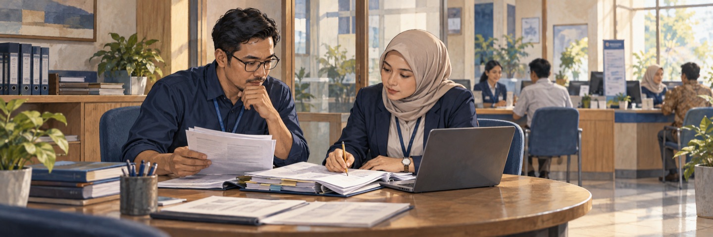 Ilustrasi manajemen BPR memeriksa dokumen tata kelola dan persiapan sistem TI