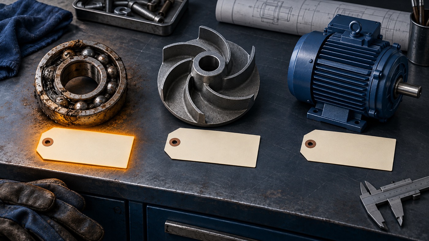 Ilustrasi bearing aus, impeller pompa, dan motor dengan tiket pekerjaan untuk prioritas maintenance