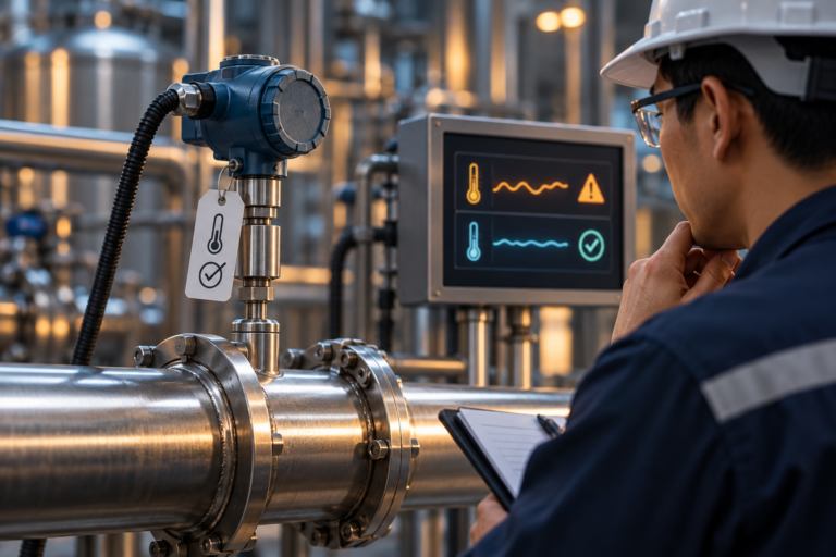 Ilustrasi pemeriksaan status kalibrasi sensor suhu sebelum data digunakan.