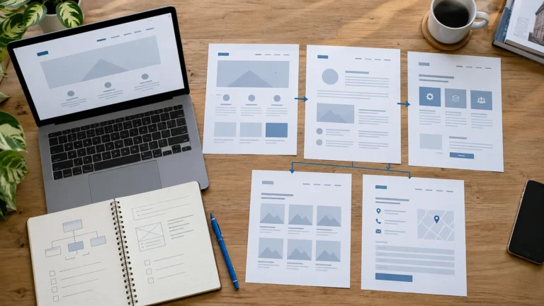 Ilustrasi perencanaan struktur halaman website company profile B2B dengan wireframe dan materi konten.