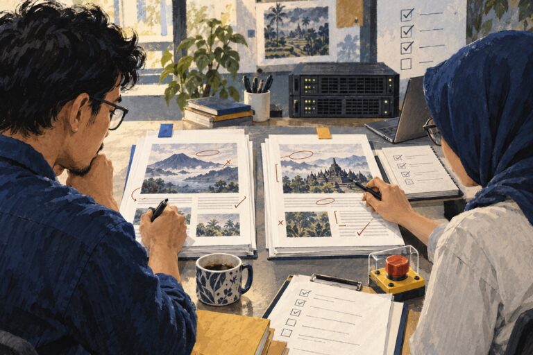 Ilustrasi engineer membandingkan hasil dua versi model di meja pengujian