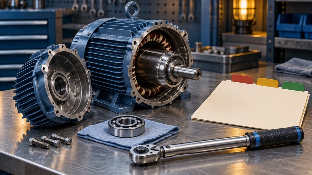 Ilustrasi motor terbuka, bearing, kunci torsi, dan folder work order dengan tab status