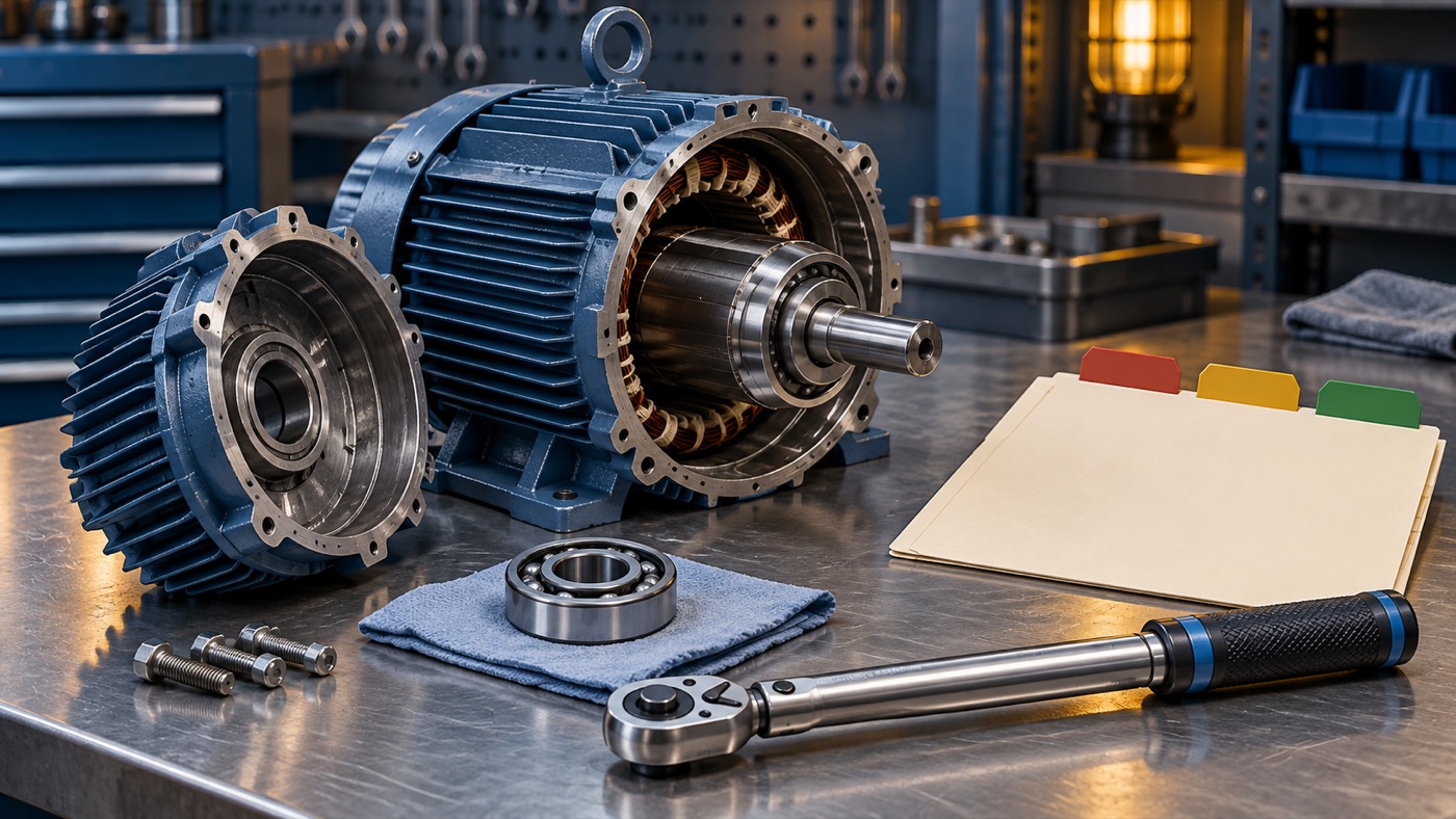 Ilustrasi motor terbuka, bearing, kunci torsi, dan folder work order dengan tab status